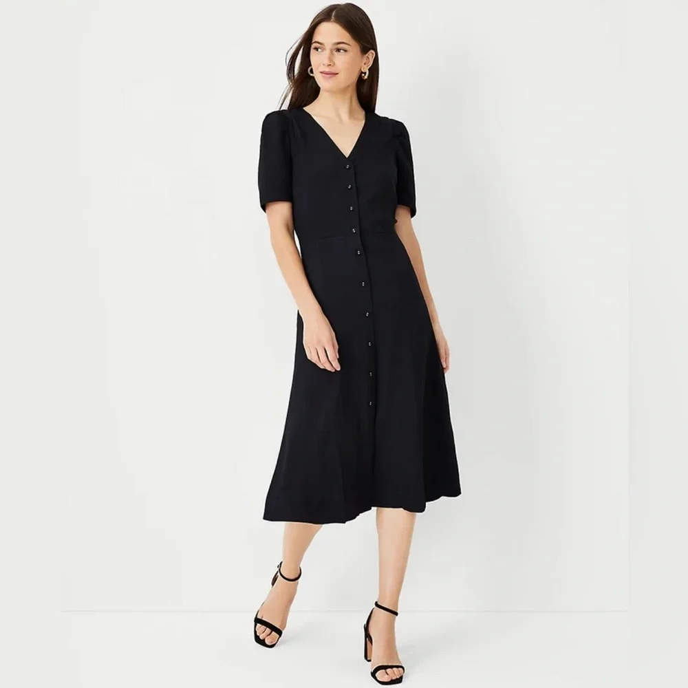 Ann Taylor Black Twill Button Front Midi Dress Size Medium Petite - Picture 6 of 11